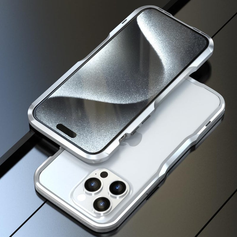 HENGHUI Aluminum Bumpers for iPhone 15 Pro Bumper Case with Strap Hole Metal Frame Bumper Cover Shock Absorbent Slim Cool Design (Silver) - Image 2